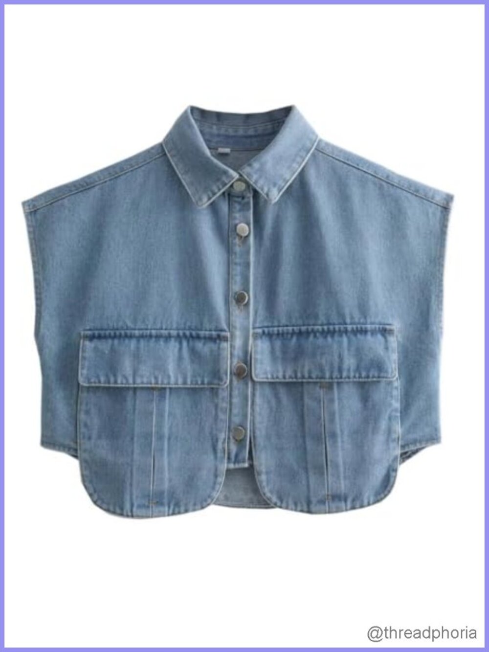 Cropped Button Down Denim Shirt Sleeveless Loose Fit with Pockets